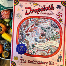 Load image into Gallery viewer, Dropcloth Embroidery Disco Nap sampler kit. Each kit includes sampler, instructions, hoop, needle, thread, and a free trial for a Creativebug class.