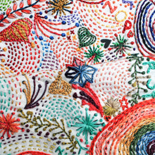 Load image into Gallery viewer, Dropcloth Embroidery Disco Nap sampler detail view of embroidery stitches and colors. Each kit includes sampler, instructions, hoop, needle, thread, and a free trial for a Creativebug class.