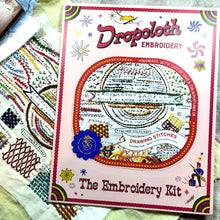 Load image into Gallery viewer, Dropcloth Embroidery Drawing Stitches sampler kit. Each kit includes sampler, instructions, hoop, needle, thread, and a free trial for a Creativebug class.