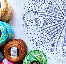 Load image into Gallery viewer, Dropcloth Embroidery Ice Cream sampler detail. Each kit includes sampler, instructions, hoop, needle, thread, and a free trial for a Creativebug class.