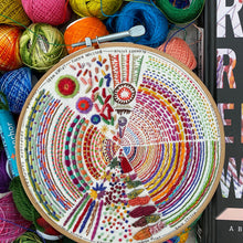 Load image into Gallery viewer, Dropcloth Embroidery Pie sampler stitched detail. Each kit includes sampler, instructions, hoop, needle, thread, and a free trial for a Creativebug class.