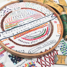 Load image into Gallery viewer, Dropcloth Embroidery Drawing Stitches sampler detail. Each kit includes sampler, instructions, hoop, needle, thread, and a free trial for a Creativebug class.