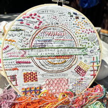 Load image into Gallery viewer, Dropcloth Embroidery Drawing Stitches sampler kit. Each kit includes sampler, instructions, hoop, needle, thread, and a free trial for a Creativebug class.