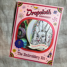 Load image into Gallery viewer, Easter Bunny embroidery kit inspired by vintage easter egg design. Kit includes pattern, hoop, threads, and needles.