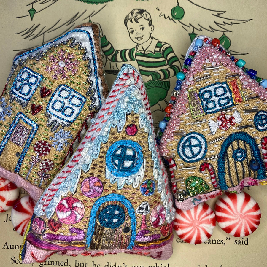 Rebecca Ringquist designed gingerbread houses holiday ornaments. Embroidery project perfect for the holidays.
