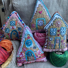 Load image into Gallery viewer, Rebecca Ringquist designed gingerbread houses holiday ornaments. Embroidery project perfect for the holidays.