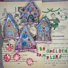Load image into Gallery viewer, Rebecca Ringquist designed gingerbread houses holiday ornaments. Embroidery project perfect for the holidays.