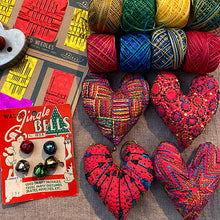 Load image into Gallery viewer, Dropcloth Samplers design: Heart Ornaments. 4 different heart designs are included ready to embroider and turn into ornaments. Includes step-by-step instructions.