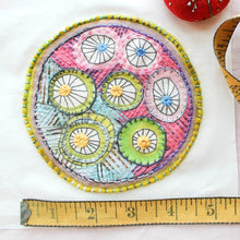 Load image into Gallery viewer, Dropcloth Embroidery Samplers Colorburst sampler design:  Cartwheels
