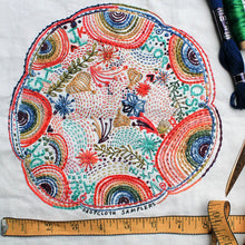 Load image into Gallery viewer, Dropcloth Embroidery Sampler design: Disco Nap (full view)