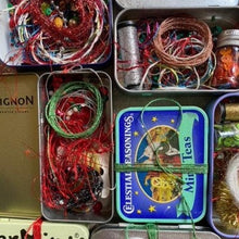 Load image into Gallery viewer, Dropcloth Samplers Sparkle kits, including metallic threads, yarns, beads and sequins in an upcycled breath mints tin. Add sparkle to your embroidery project!