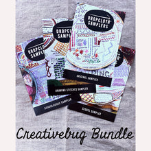 Load image into Gallery viewer, New to embroidery? I filmed four workshops with Creativebug, and each one has a Dropcloth Sampler that goes along with it. This bundle includes all four: The Original Dropcloth Sampler, The Sequel Sampler, and Drawing Stitches Sampler. Also included in your bundle is a one month trial offer for Creativebug that gives you access to all three workshops.
