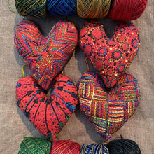 Load image into Gallery viewer, Dropcloth Samplers design: Heart Ornaments. 4 different heart designs are included ready to embroider and turn into ornaments. Includes step-by-step instructions.
