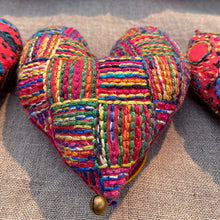Load image into Gallery viewer, Dropcloth Samplers design: Heart Ornaments. 4 different heart designs are included ready to embroider and turn into ornaments. Includes step-by-step instructions.