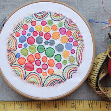 Load image into Gallery viewer, Dropcloth Samplers Colorburst sampler. Embroidery design: Bubblegum by Rebecca Ringquist