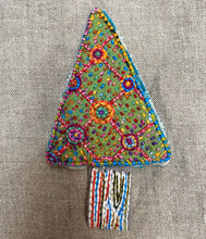 Load image into Gallery viewer, Dropcloth Embroidery Samplers design: Christmas Tree Ornaments (starburst grid tree). Comes with step-by-step instructions.