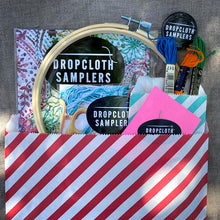 Load image into Gallery viewer, dropcloth sampler kit, includes everything you need to start an embroidery project! Hoop, needle, threads! Pair with the sampler of your choice.
