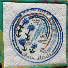 Load image into Gallery viewer, Subscriptions sampler design Chain Stitches available only to subscribers. Highlighting the chain family of embroidery stitches. A five inch sampler fits perfectly into a five inch hoop.
