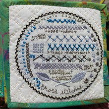 Load image into Gallery viewer, Subscriptions sampler design Cross Stitches available only to subscribers. Highlighting the cross stitch family of embroidery stitches. A five inch sampler fits perfectly into a five inch hoop.
