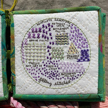 Load image into Gallery viewer, Subscriptions sampler design Filling Stitches available only to subscribers. Highlighting the filling family of embroidery stitches. A five inch sampler fits perfectly into a five inch hoop.
