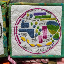 Load image into Gallery viewer, Subscriptions sampler design Satin Stitches available only to subscribers. Highlighting the satin family of embroidery stitches. A five inch sampler fits perfectly into a five inch hoop.
