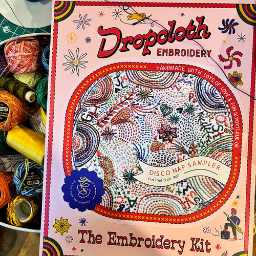 Dropcloth Embroidery Disco Nap sampler kit. Each kit includes sampler, instructions, hoop, needle, thread, and a free trial for a Creativebug class. 