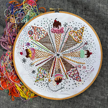 Load image into Gallery viewer, Dropcloth Embroidery Ice Cream sampler kit. Each kit includes sampler, instructions, hoop, needle, thread, and a free trial for a Creativebug class. 
