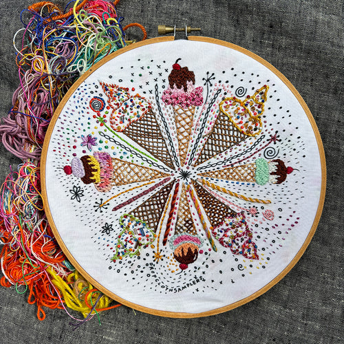 Dropcloth Embroidery Ice Cream sampler kit. Each kit includes sampler, instructions, hoop, needle, thread, and a free trial for a Creativebug class. 