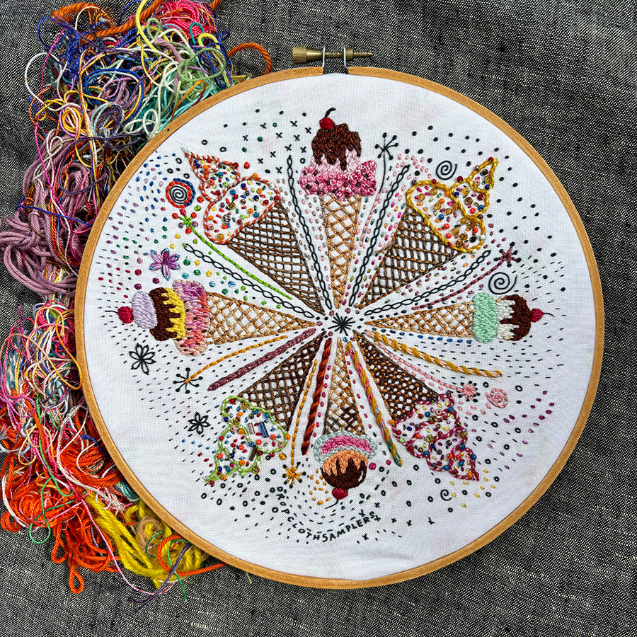 Dropcloth Embroidery Ice Cream kit. Each kit includes sampler, instructions, hoop, needle, thread, and a free trial for a Creativebug class. 