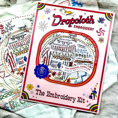 Dropcloth Embroidery The Original sampler kit. Each kit includes sampler, instructions, hoop, needle, thread, and a free trial for a Creativebug class. 