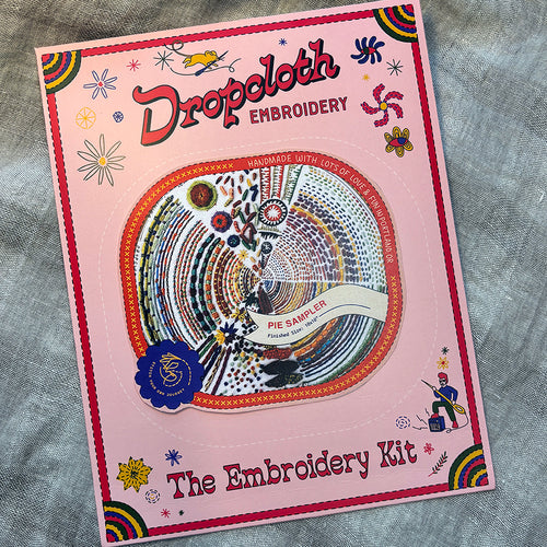 Dropcloth Embroidery Pie Kit. Each kit includes sampler, instructions, hoop, needle, thread, and a free trial for a Creativebug class. 