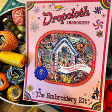 Load image into Gallery viewer, Dropcloth Embroidery Gingerbread House ornament sampler kit. Each kit includes sampler for one ornament, instructions, backing wool, hoop, needle, threads, and a free trial for a Creativebug class. 
