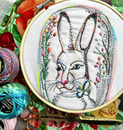 Easter Bunny embroidery kit inspired by vintage easter egg designs. Kit includes pattern, hoop, threads, and needle.