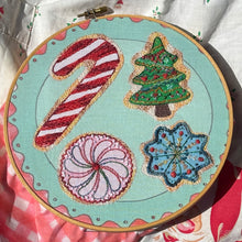 Load image into Gallery viewer, Rebecca Ringquist Zoom class will guide and instruct how to stitch and sew Dropcloth Embroidery Christmas Cookie Platter into beautiful decorations or gifts for your holiday season.
