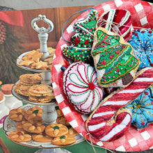 Load image into Gallery viewer, Rebecca Ringquist Zoom class will guide and instruct how to stitch and sew Dropcloth Embroidery Christmas Cookie platter into beautiful decorations or gifts for your holiday season.
