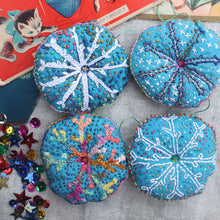 Load image into Gallery viewer, Rebecca Ringquist designed Snowflake holiday ornaments embroidery project.
