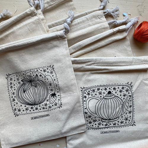 Rebecca Ringquist designed tea and tomato embroidery bag projects