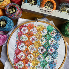 Load image into Gallery viewer, Embroidery sampler Yo Yo Rainbow, design inspired by American quilts, by Rebecca Ringquist
