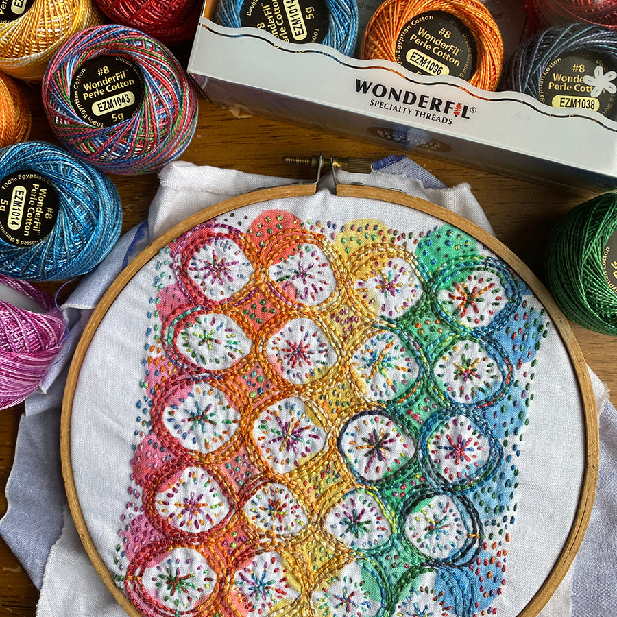 Embroidery sampler Yo Yo Rainbow, design inspired by American quilts, by Rebecca Ringquist