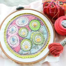 Load image into Gallery viewer, Dropcloth Embroidery Samplers Colorburst sampler design by Rebecca Ringquist:  Cartwheels 
