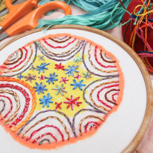 Load image into Gallery viewer, Dropcloth Embroidery Samplers Colorburst sampler design:  Ring Toss
