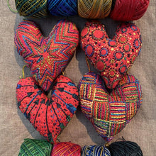 Load image into Gallery viewer, Dropcloth Samplers design: Heart Ornaments. 4 different heart designs are included ready to embroider and turn into ornaments. Includes step-by-step instructions.
