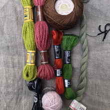 Load image into Gallery viewer, Image of Dropcloth Samplers embroidery thread Grab bags contents. No two are alike! You&#39;ll receive at least 6 colors in an assortment of vintage embroidery floss, hand dyed threads, wool crewel thread, metallics, perle cotton and more..
