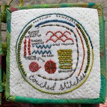 Load image into Gallery viewer, Subscriptions sampler design Couched Stitches available only to subscribers. Highlighting the couching family of embroidery stitches. A five inch sampler fits perfectly into a five inch hoop.
