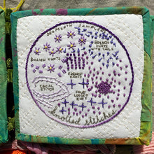 Load image into Gallery viewer, Subscriptions sampler design Knotted Stitches available only to subscribers. Highlighting the knotted family of embroidery stitches. A five inch sampler fits perfectly into a five inch hoop.
