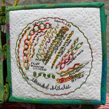 Load image into Gallery viewer, Subscriptions sampler design Threaded Stitches available only to subscribers. Highlighting the threaded family of embroidery stitches. A five inch sampler fits perfectly into a five inch hoop.
