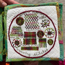 Load image into Gallery viewer, Subscriptions sampler design Weaving Stitches available only to subscribers. Highlighting the weaving family of embroidery stitches. A five inch sampler fits perfectly into a five inch hoop.
